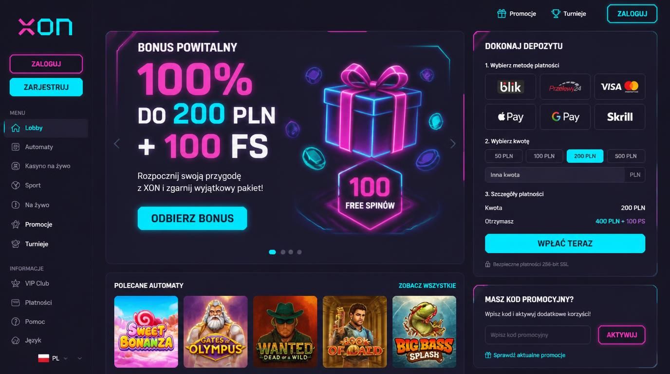 ekran powitalnego bonusa z 100% do 200 PLN i darmowymi spinami