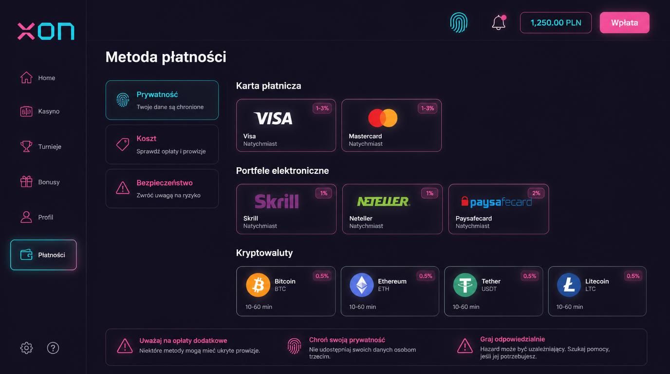 Ikony różnych metod płatności i symbol śladu pokazują, że każda metoda wiąże się z pewnym ryzykiem
